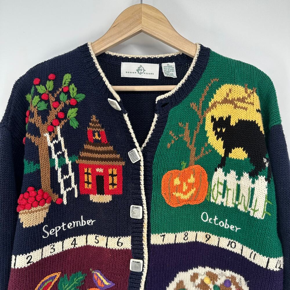 Vintage 90’s Teacher Sweater Fall Winter Months Novelty Chunky Knit Cardigan - Picture 2 of 14